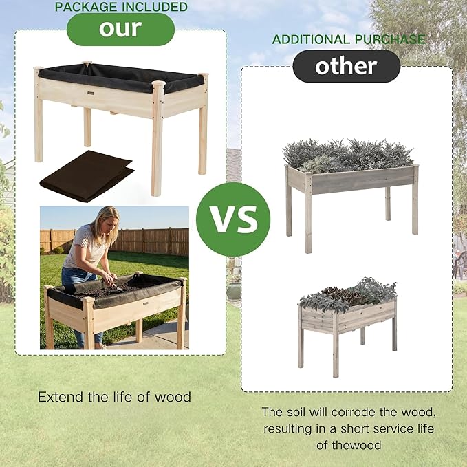 Elevated Raised Garden Bed 48.7”L x 23.1”W x 30.7”H Wooden Planter Box with Legs 210LBS Capacity Non-Woven Liner &amp 6 Drainage Holes for Backyard Patio Balcony Vegetables Flowers Herbs