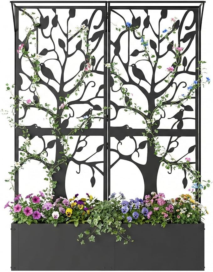Metal Planter Box with Trellis Outdoor Privacy Planters for Patio Tall Raised Garden Bed for Climbing Plants Vegetables Fruits Balcony Outside 62.4 x 12.2 x 44.6 Inch Black