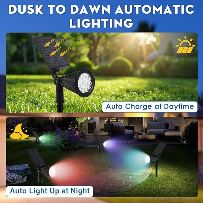 Solar Spot Lights Outdoor 2-in-1 Wall Mount &amp Ground Stake 18 LEDs with 2 Lighting Modes 7 Colors Changing IP65 Waterproof Solar Landscape Lights for Garden Pathway Yard Patio (2 Pack)