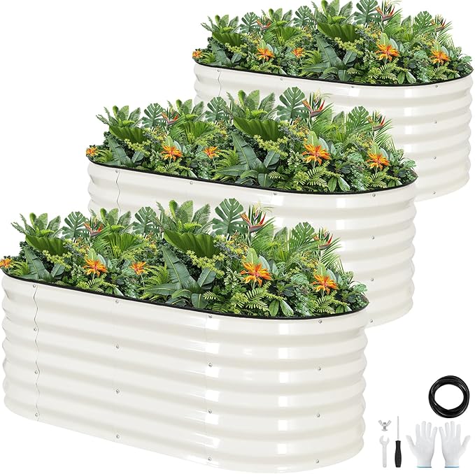 Galvanized Raised Garden Bed Outdoor |17'' Tall Planter Box Outdoor for Deep Root Plants | 3Pcs Raised Bed Kit for Gardening with Rubber Strip for Vegetables Flowers Fruits (White 4x2x1.4FT)