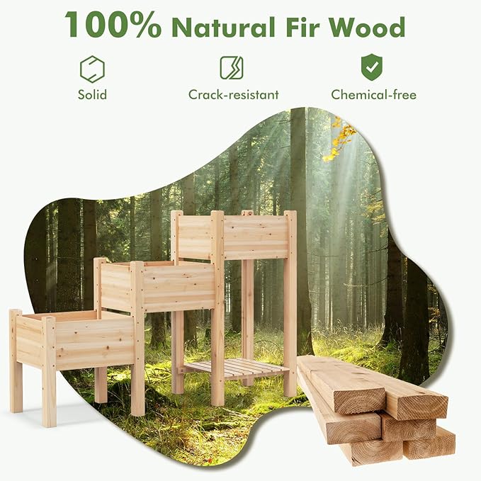 S AFSTAR 3-Tier Wooden Raised Garden Bed Elevated Garden Planter with 3 Planter Boxes Open Storage Shelf Drainage Holes Outdoor Vertical Plant Container for Vegetables Flowers Herbs Growing