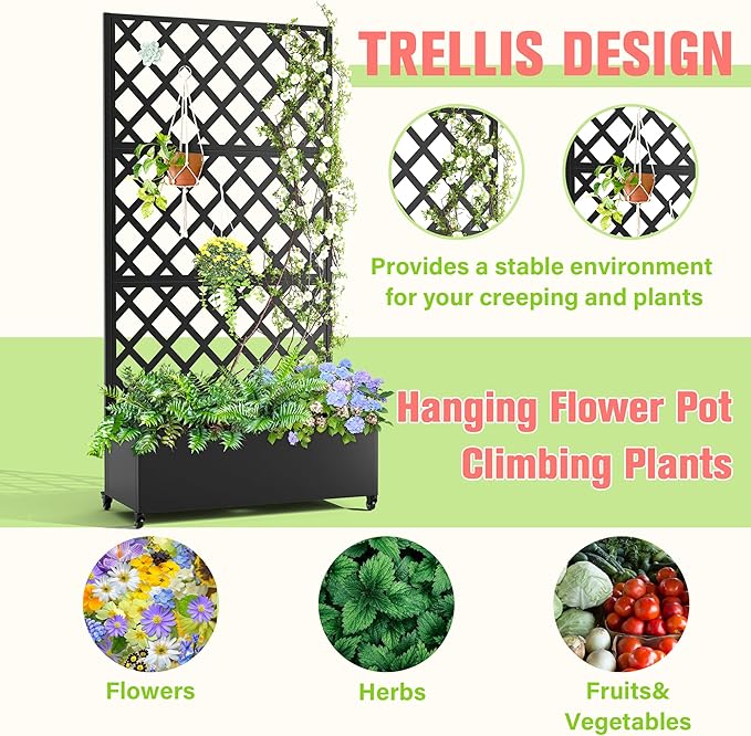 Metal Planter Box with Trellis Raised Garder Bed with Drainage Hole Privacy Screen &amp Trellis for Climbing Plants Outdoor Plant Stands 35''L×17''W×73''H Black