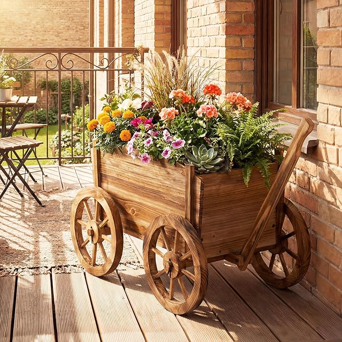 Giantex Wood Wagon Planter Rustic Rolling Flower Pot Stand with Wheels Handle &amp Drainage Hole for Growing Vegetables Herbs Indoor Outdoor Decorative Cart for Patio Balcony Garden