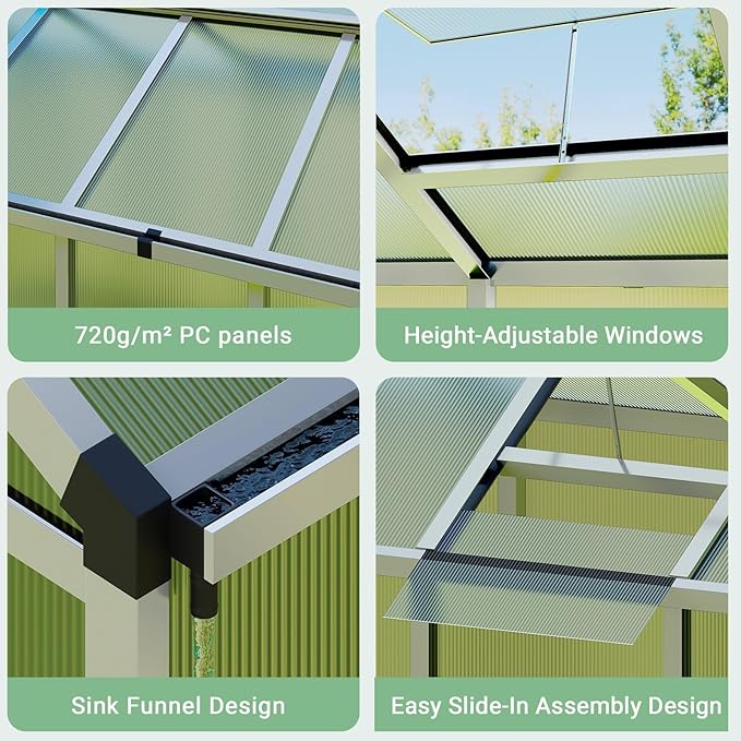 6X10 FT Greenhouse Greenhouses for Outside Aluminum Frame Polycarbonate Panels with Sliding Lockable Door and Ajustable Roof Vent Spacious Walk-in Design for Backyard Garden Patio Silver