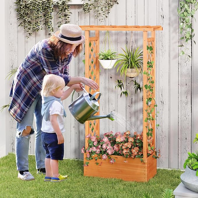 IRONMAX Raised Garden Bed with Trellis &amp Hanging Roof Fir Wood Planter Box for Vegetables Flower Climbing Plants Outdoor Garden Planter w/Drainage Holes for Backyard (2 31” x 14” x 60”)