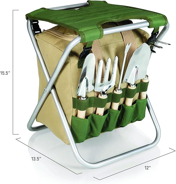 Picnic TIME Star Wars The Mandalorian Grogu Gardener Folding Seat with Tools 5 Piece Garden Tool Set with Folding Stool and Detachable Tote Organizer (Olive Green with Beige Accents)