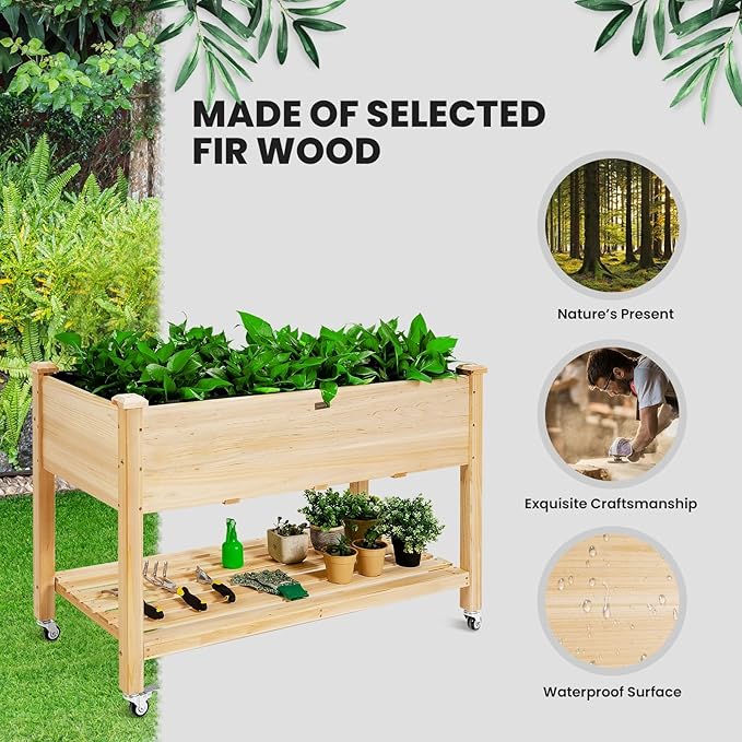 SlickBlue Wood Raised Planter Bed with Wheels Shelf Drainage Liner for Patio