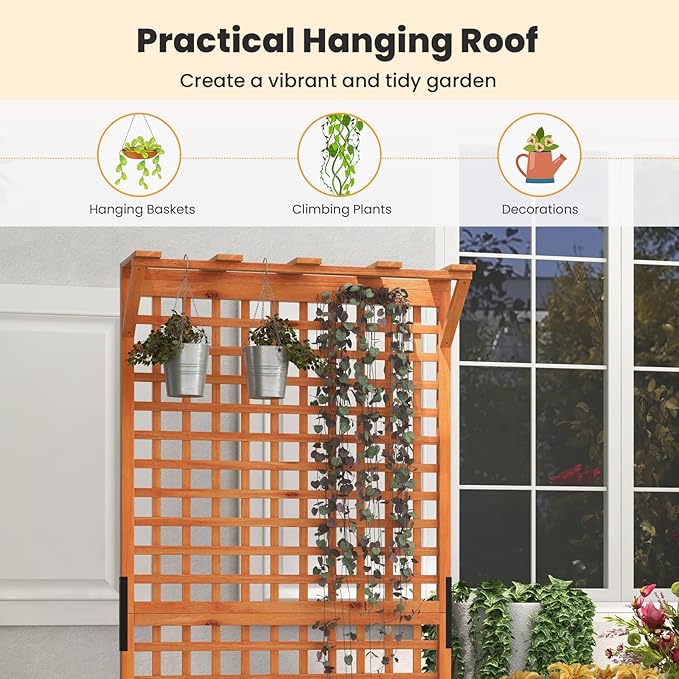 Giantex 2 Pcs Raised Garden Bed with Trellis &amp Roof 72.5 Wooden Garden Bed High Trellis for Plant Flower Climbing Pot Hanging Indoor &amp Outdoor Planter Box for Yard Garden Balcony