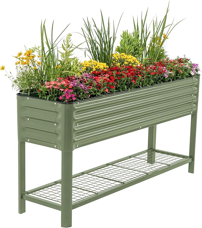 Elevated Raised Garden Bed- Slim Series 1.5' x 5.5' Outdoor Planters Boxes with Legs &amp Storage Rack for Patio 750 Lbs Weight Capacity Raised Beds for Gardening Herbs Vegetables Flowers Olive G