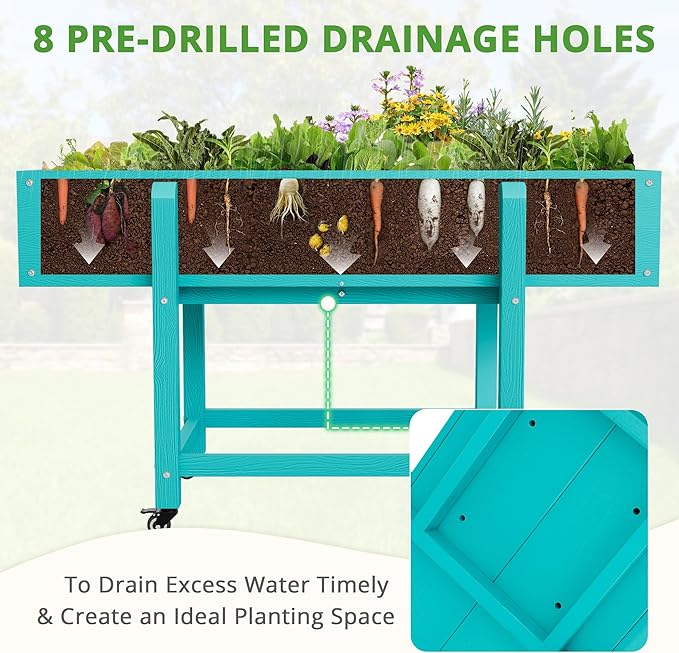 LUE BONA Raised Garden Bed with Wheels 48 * 16.7 * 28 in Poly Elevated Outdoor Planter Box with Tools Weather Resistant Standing Growing Bed Herb Planter for Vegetable Flowers Fruits