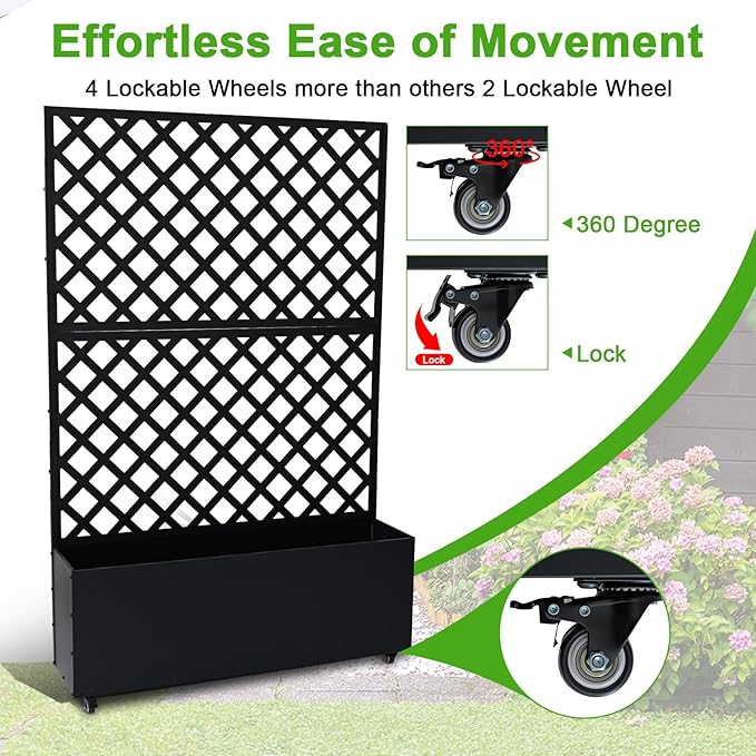 Metal Raised Garden Bed with Trellis &amp Wheels 72.83x46.46x11.81 Galvanized Metal Planter Box with Drainage Holes &amp Privacy Screen for Patio Balcony Climbing Plants Flowers Vegetable Black