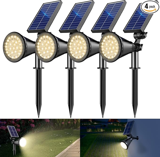 Solar Spotlight Outdoor Waterproof 36 LED Outdoor Solar Lights with 2200mAh 2-in-1 Wall or Ground Solar Flood Lights for Yard Garden Pathway Auto On/Off Landscape Lighting- 4 Pack (Warm White)