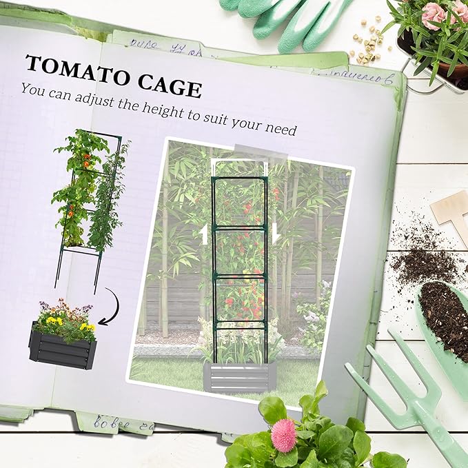 Outsunny Galvanized Raised Garden Bed 73.5 Tall Outdoor Planter Box with Trellis Tomato Cage and Open Bottom for Climbing Vines Vegetables Flowers in Backyard Garden Patio Dark Gray