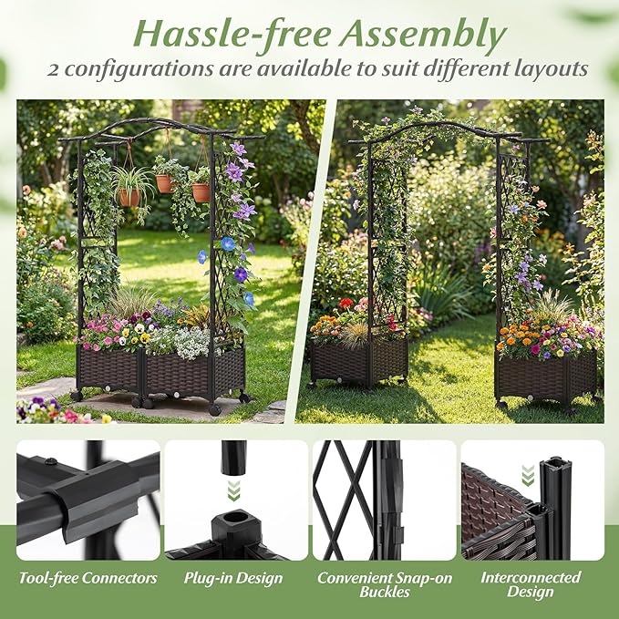 Giantex Planter Boxes with Arch Trellis 5FT Self-Watering Tall Raised Garden Bed w/Wheels Hanging Roof &amp Drainage Holes Outdoor Indoor Tomato Planter for Climbing Vines Vegetables Flowers