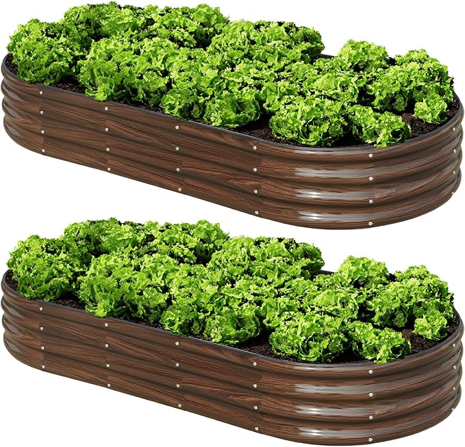 SnugNiture 2 Pcs 6x3x1ft Raised Garden Bed Kit Outdoor Oval Metal Garden Planter Ground Planter Box for Gardening Vegetables Flowers Brown