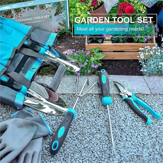 Garden Tool Set 10 Piece Heavy Duty Stainless Steel Garden Tools Set with Ergonomic Rubber Handle Variety of Gardening Hand Tool for Women