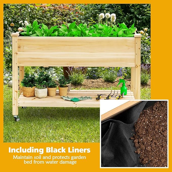 LDAILY Raised Garden Bed Wood Flower Bed on Wheels with Study Legs &amp Storage Shelf Outdoor Planter Box with Bed Liner for Flowers/Vegetables/Fruits in Yard Patio 47.5 L X 23.5 W X 33 H