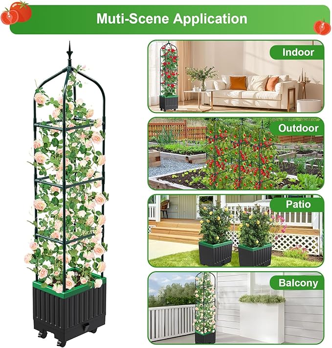 Raised Garden Bed Planter Boxes with Trellis1pcs 70.9Self-Watering Tomato Planter Boxes with Trellis for Climbing Vegetables Plants Flowers Tomato with WheelsUse for Indoor Outdoor (Black)