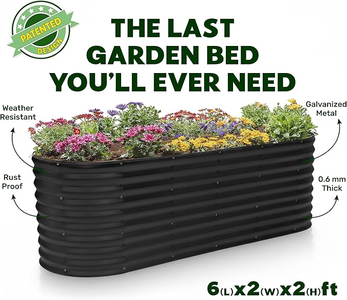 Plant &amp Plot Galvanized Raised Garden Beds Outdoor // 6×2×2 ft Planter Raised Beds for Gardening Vegetables Flowers // Large Metal Garden Box (Black) // Patented Tool-Free Design