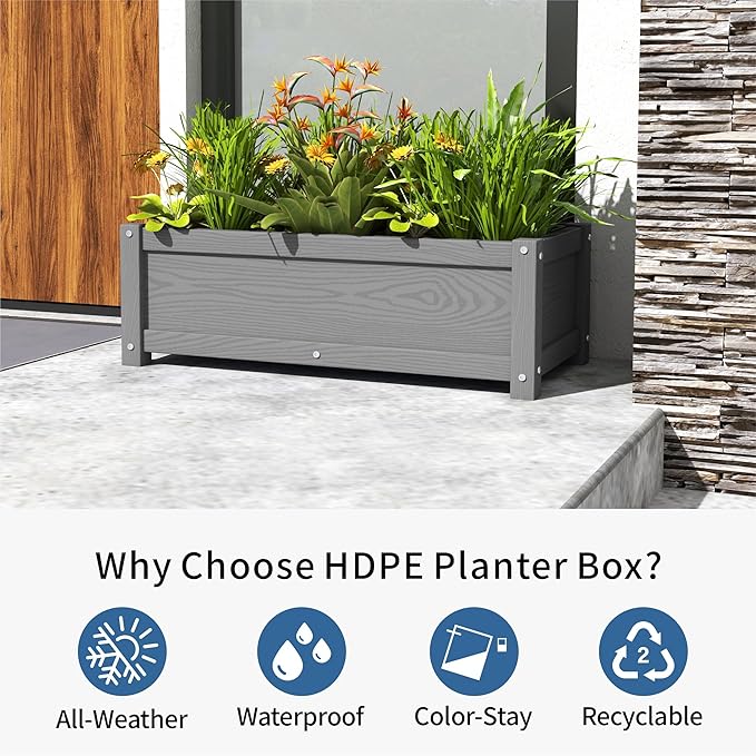 HDPE Planter Box All-Weather Outdoor Garden Bed Easy to Assemble Drainage System Low Maintenance Non-Fading for Flower/Herb/Seed (Gray)