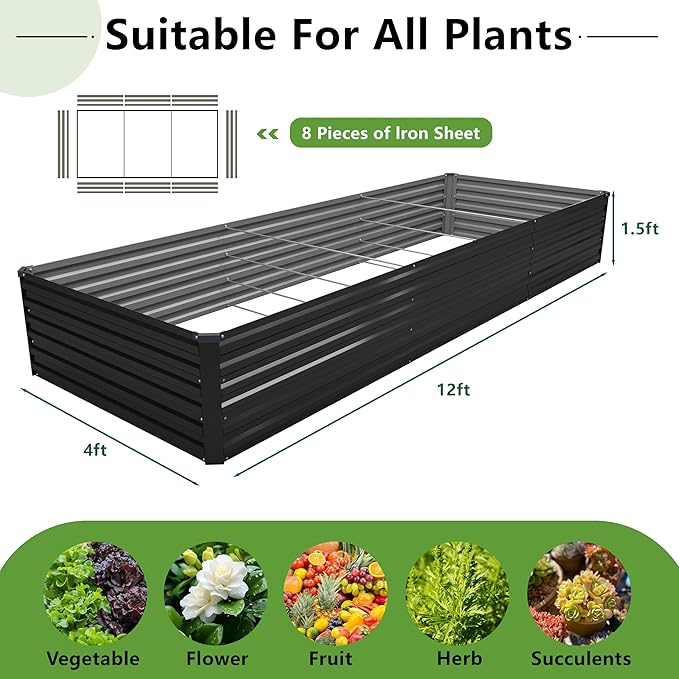 MGNO 12x4x1.5FT Galvanized Raised Garden Bed-Outdoor Planter Box for Vegetables-Metal Garden BedRRectangle Planting Box for HerbFlowerBlack