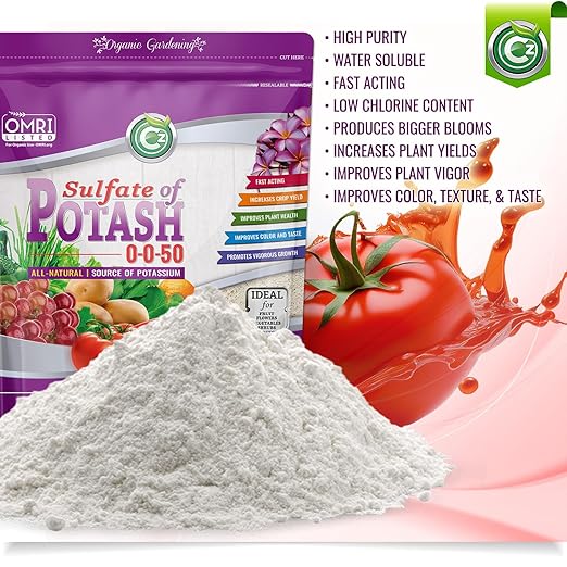 Organic Sulfate of Potash 0-0-50 Made in USA - Water Soluble SOP Potassium Plant Food for Plants &amp Flower Gardens - 3LB Low Chlorine Fertilizer. Enhances Color &amp Taste! OMRI Listed