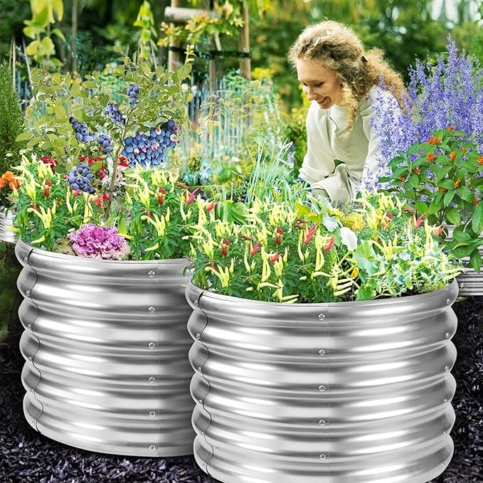 17 Tall Round Outdoor Garden Raised Garden Bed Kits-0.8MM Thick Metal Raised Planter Bed/Ground Planter Box for Variety of FlowersHerbsVegetablesTrees (Silver 24 Dia X 16.5 inches)