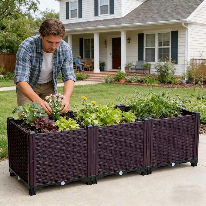 3-Pack Raised Garden Bed with Legs Elevated Plastic Planter Boxes with Drainage Holes Easy Assembly Outdoor Gardening Containers for Vegetables Herbs Flowers - Fit Patio Balcony Backyard