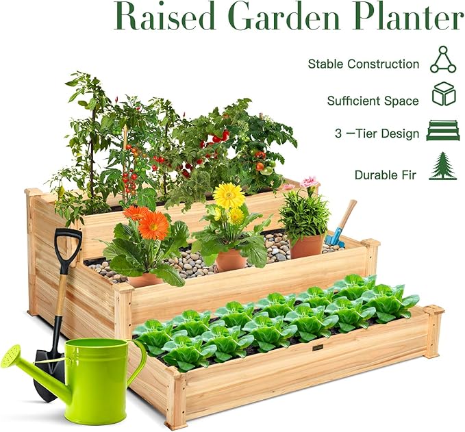 Giantex 3 Tier Raised Garden Bed Wood Elevated Planter Box Vegetable Flower Growing Bed Kit Outdoor Planting Container for Backyard Lawn Patio Planter Raised Beds Easy Assembly 49X49X22