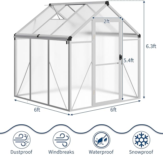 6X6 FT Greenhouse for Outdoors Large Walk-in Polycarbonate Greenhouse Kit Aluminum Frame Lockable Door Roof Vent Ground Spikes for Garden Patio Backyard Outdoor Plant Growth