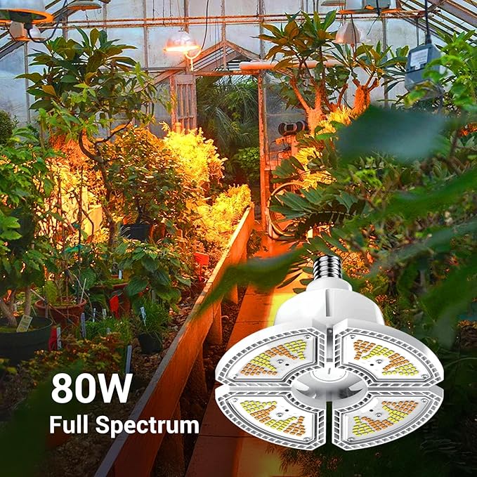 RDJ Bouns 80W Grow Light for Indoor Plants E26 Base 12791LM High PPFD Full Spectrum Foldable Fast-Heat-Cnducting Aluminum Panel Grow Lights Blub for Large Plants Hydroponics Greenhouse