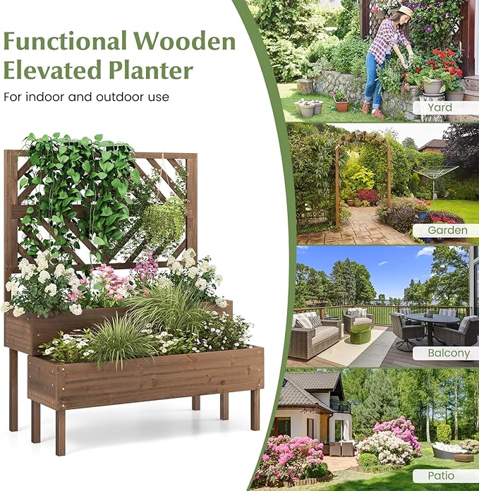 ORALNER Raised Garden Bed with Trellis 43” x 24.5” x 53” Outdoor 2-Tier Wooden Planter Box with Drainage Holes Elevated Garden Trellis Planter for Vine Flower Herb Fruit Vegetable (Brown)