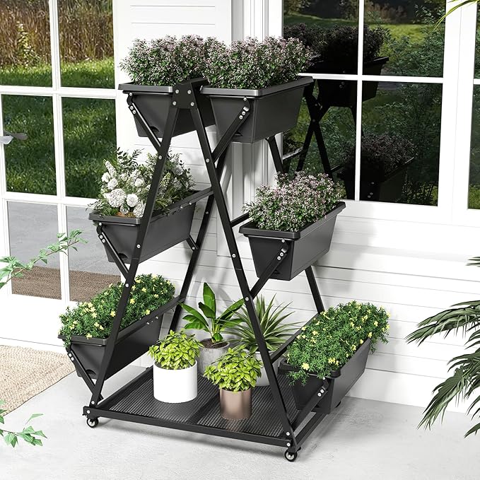 Giantex 6-Tier Rolling Raised Garden Bed Vertical Planter Stand on Wheels with 6 Garden Boxes Storage Shelf Indoor Outdoor Freestanding Raised Beds for Flower Strawberry Vegetable Herb