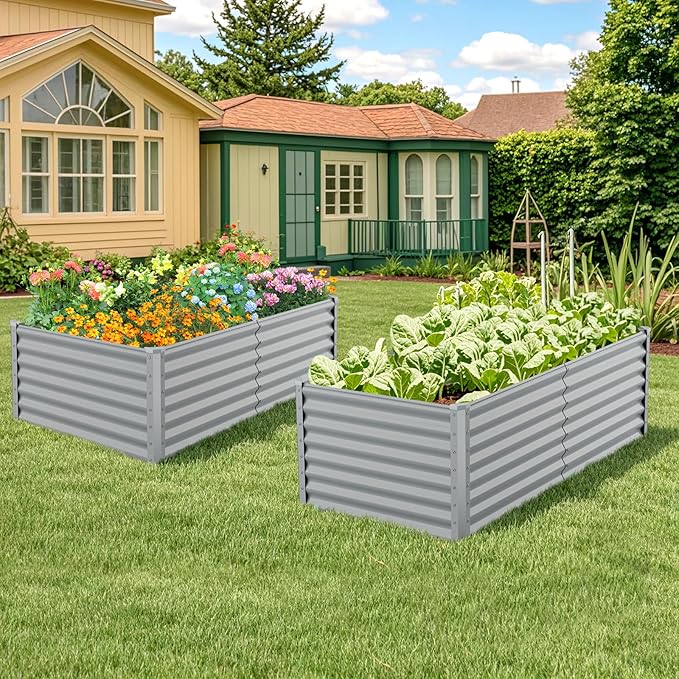 2 Pieces Raised Garden Beds Metal Garden Planter with Open Bottom Sprayed Plate &amp Thickened Corner Protectors Outdoor Planter Box for Vegetables Flowers &amp Herbs (Gray)