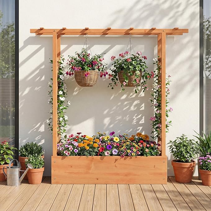 HAPPYGRILL Raised Garden Bed with Trellis &amp Hanging Roof 45 Tall Wooden Planter Box with Drainage Holes Outdoor Wood Elevated Garden Bed for Climbing Plants Vines Vegetables Flowers (Orange2)