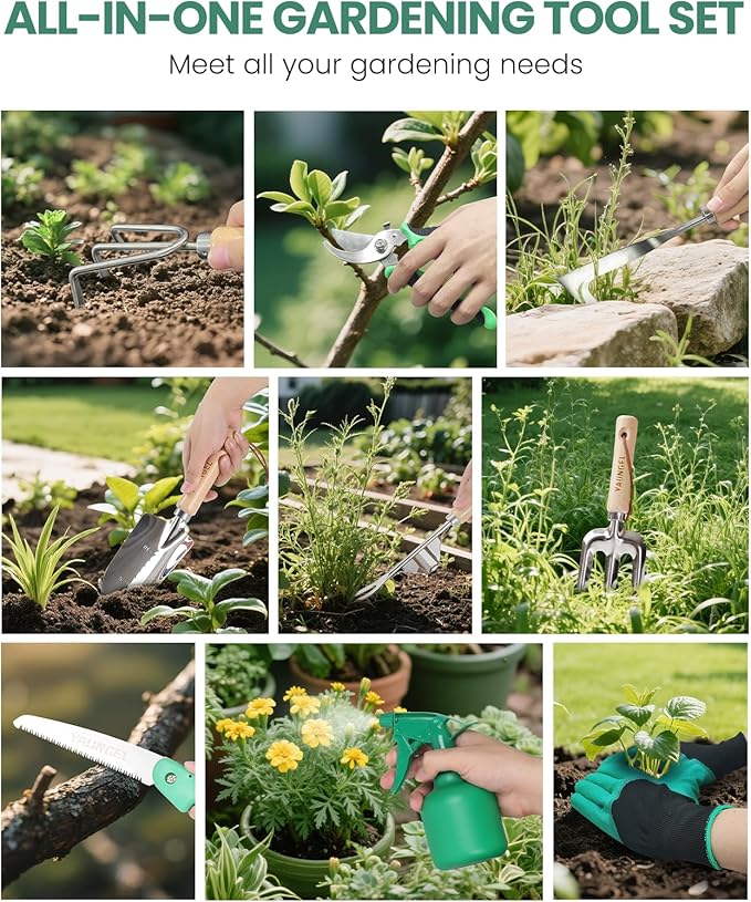 Gardening Tools - 10 Piece Heavy Duty Gardening Hand Tools Stainless Steel Garden Tools with Wooden Handle Storage Garden Bag Gardening Gifts for Women and Men