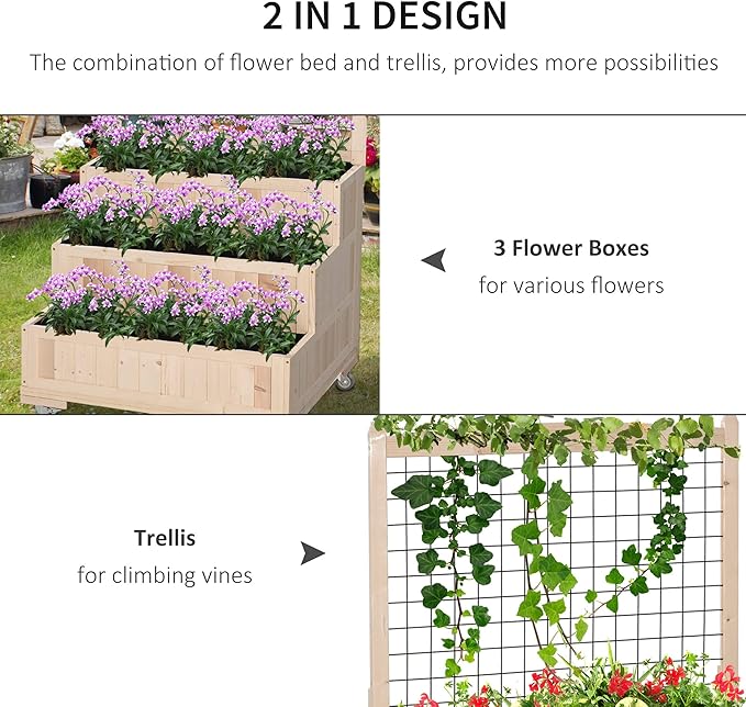 Outsunny 3-Tiers Raised Garden Bed with Trellis 53 H Vertical Planter Box with Wheels &amp Back Storage Area for Flowers Vegetables Herbs Natural