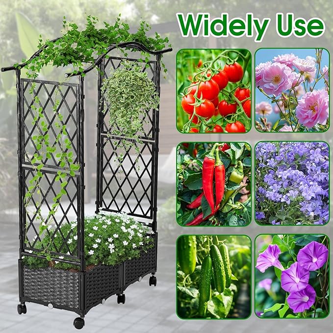 Planter Box with Trellis Outdoor Plastic Raised Garden Bed Trellis Planter Box with Wheels and Drainage Hole for Patio Balcony Backyard Indoor Flower Vegetable Tomato Black