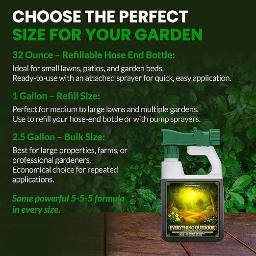 Humboldts Secret Everything Outdoor Plant Food | 5-5-5 Liquid Fertilizer with Norwegian Kelp | All Purpose Lawn Vegetable &amp Fruit Food | Garden Nutrients | Refillable Hose End Bottle | 32 Ounce