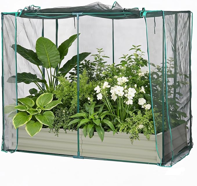 Galvanized Raised Garden Bed with Plant Protection Net and Shade Cloth Open Base Raised Planter Box for Growing Vegetables Flowers Herbs 8x4x1 ft Beige
