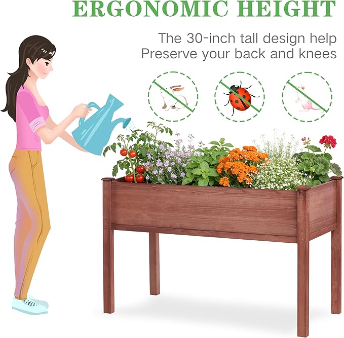 48×24×30 Inch Raised Garden Bed with Legs Solid Wood Elevated Planter Box Stand with Liner for Outdoor Backyard Patio Balcony