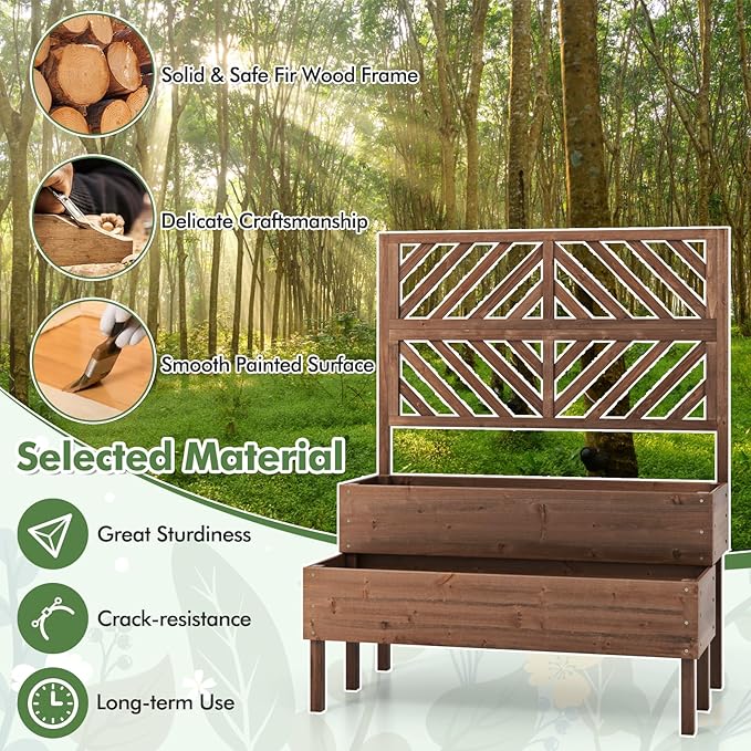 Raised Garden Bed with Trellis &amp 2 Planter Boxes 2-Tier Outdoor Wooden Elevated Planter Box with Legs &amp Drainage Holes Gardening Planters for Flowers Herbs Vegetables &amp Fruits(Brown)