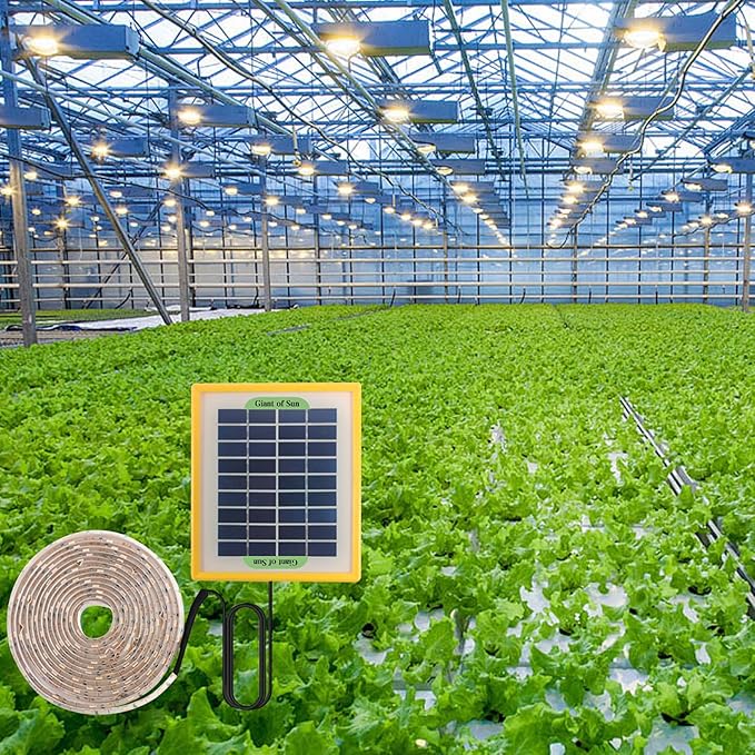 Solar Powered Grow Lights 16.4ft Plants Light Strip with Solar Panel Full Spectrum Fast Heat Dissipation Heat Lamp Grow Lights for Greenhouse