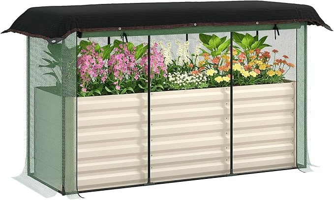 Outsunny 5.9 x 2 x 1.9 ft Galvanized Raised Garden Bed with Crop Cage Plant Protection Net and Shade Cloth Roof Metal Planter Box with Cover for Vegetables Flowers Herbs Beige