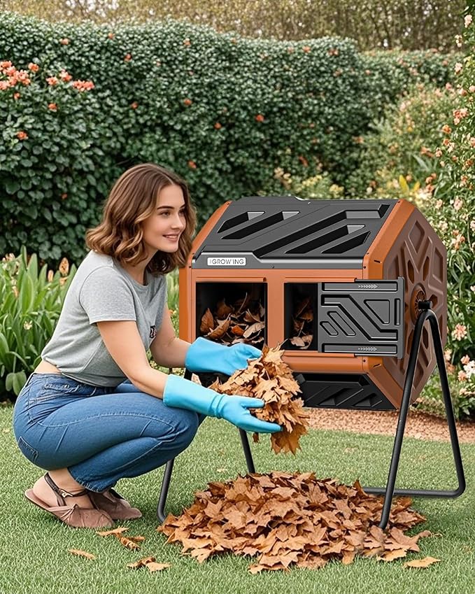 THEGROW'ING Updated 43 Gallon Compost Bin Outdoor Fast Assemble Tumbling Composter Dual Chamber Composter Tumbler Rotating Compost Bin for Outside Backyard Garden and Yard Orange