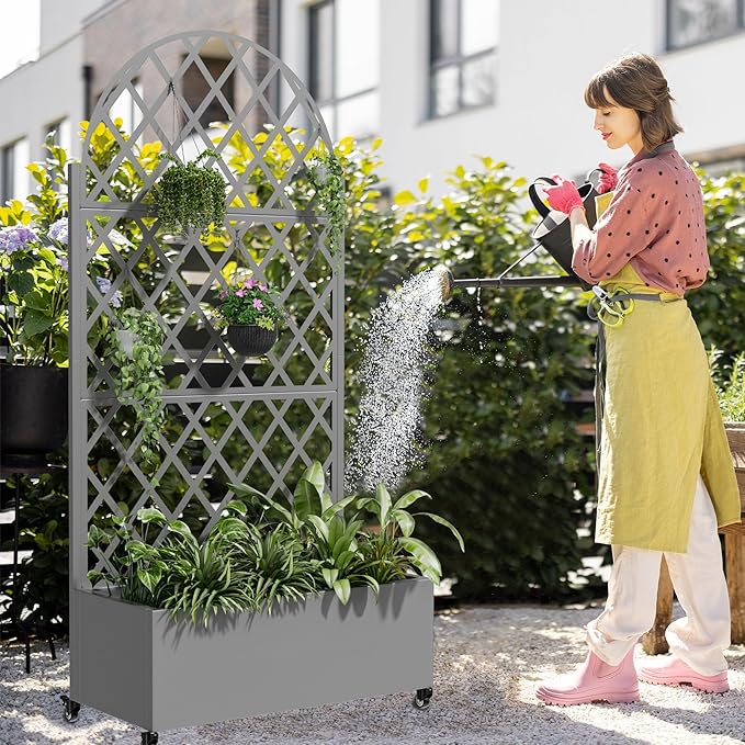Casaphoria Metal Raised Garden Bed with Trellis and Wheels 72x35x16 Arched Planter Box for Climbing Plants Vegetables &amp Vines Features Drainage Holes and Privacy Screen (Grey-Laurence)