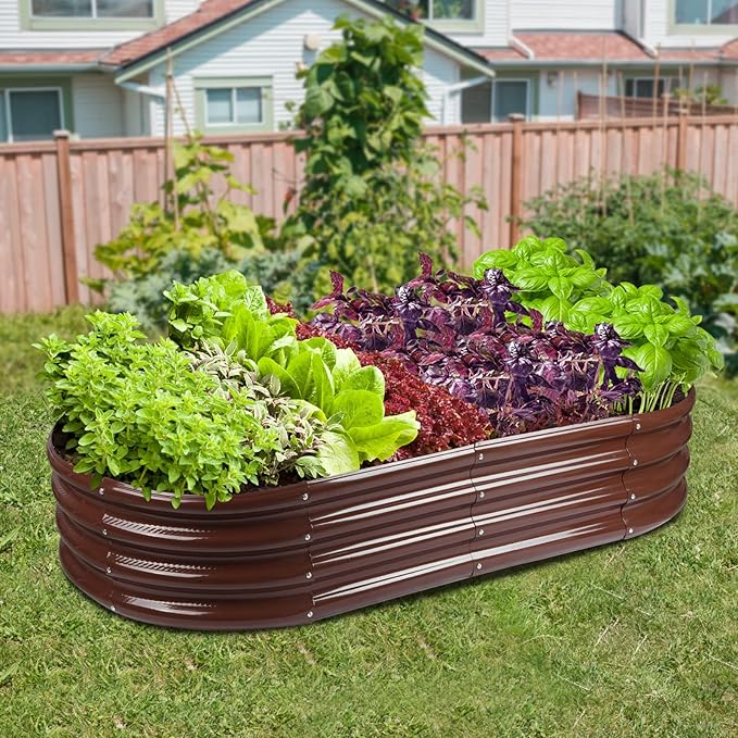 Raised Garden Bed GRS Certified Galvanized Planter Box Outdoor 6.5ft Oval Rot-Resistant Metal Garden Bed Planter Recycled Eco-Friendly Material Planter for Vegetables Flowers Herbs (Brown)
