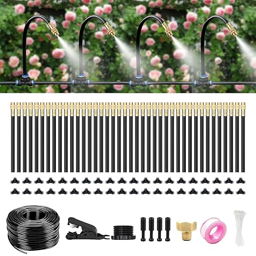 120FT Drip Irrigation System for Garden – Automatic Watering Kit with Solid Brass Metal Connectors 360° Bendable Tubing &amp40 Adjustable Nozzles for Greenhouse Lawn Yard &amp Plants