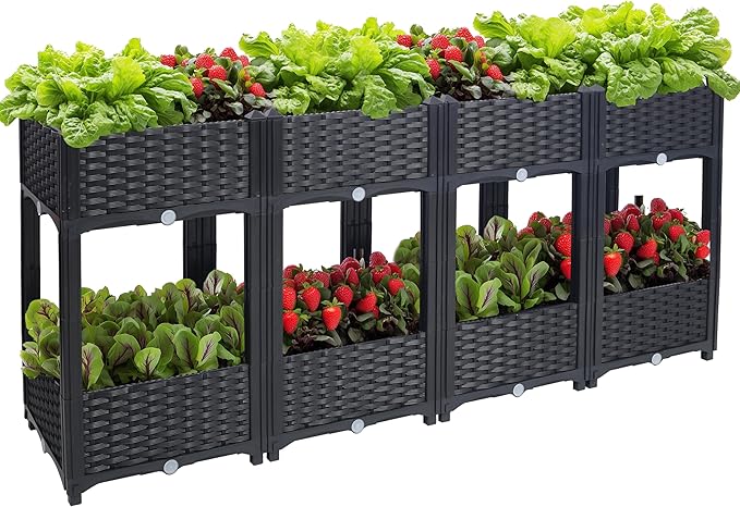 Outdoor Planting Box Double-Layer Planting Bed Garden Bed with Flower Rack for Growing Flowers Vegetables Tomatoes and Herbs – Perfect for Garden Patio Balcony (Double Black Large)