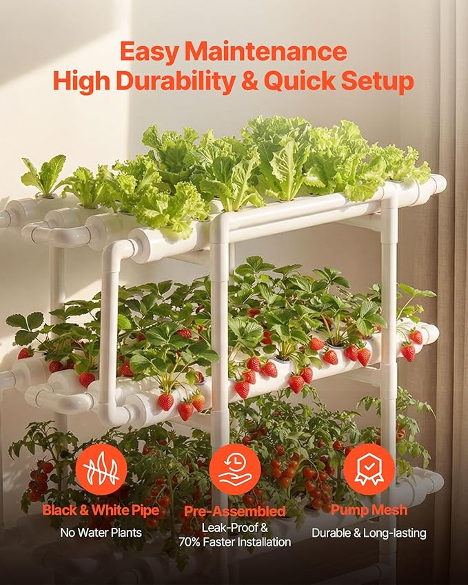 VEVOR Hydroponics Growing System Kit 3-Tier 108 Sites UPVC Pipe Hydroponic Grow Kit with Timed Irrigation Sun &amp Light Blocking Pipes Indoor Home Garden Vegetable Planting Grow Kits for Fruit He
